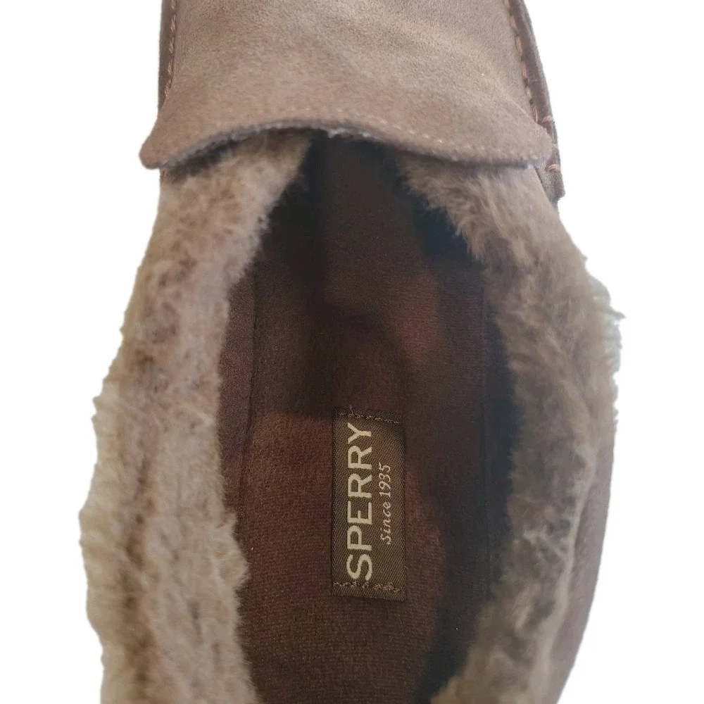 Sperry Moc Sider Men's Slip On Shoes Fleece Lined Suede Dark Brown Size 9.5‎